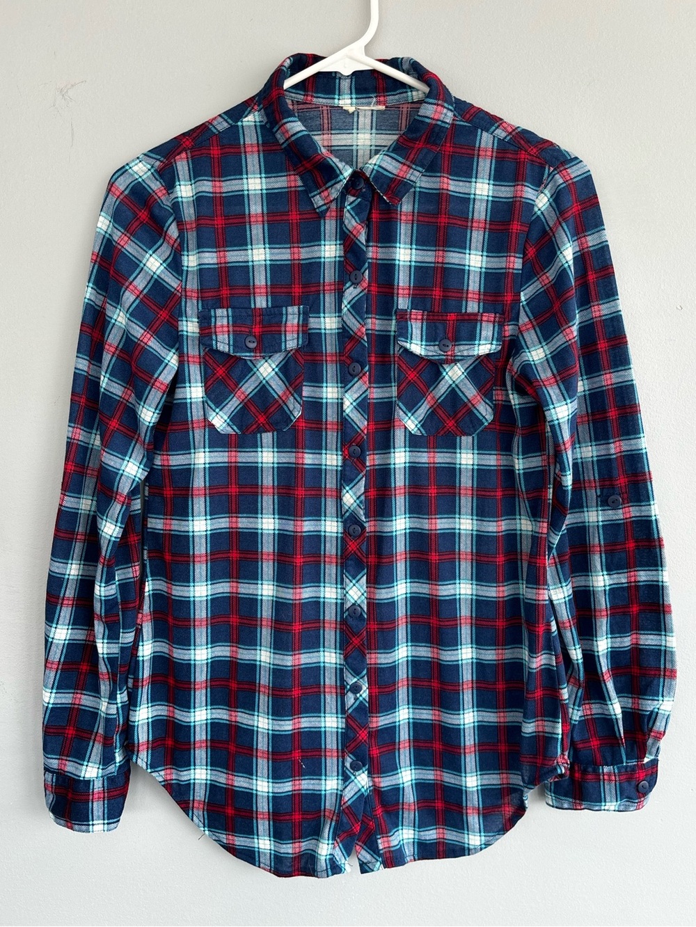 Women's Plaid Button-Down Shirt in Navy, Red & Light Blue